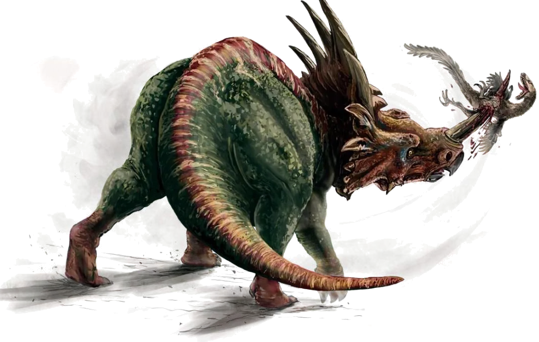 A horned herbivore gores a raptor
