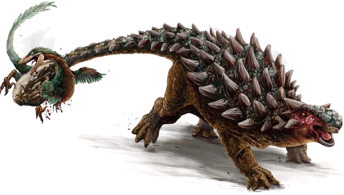 An armored herbivore swings its tail into a raptor